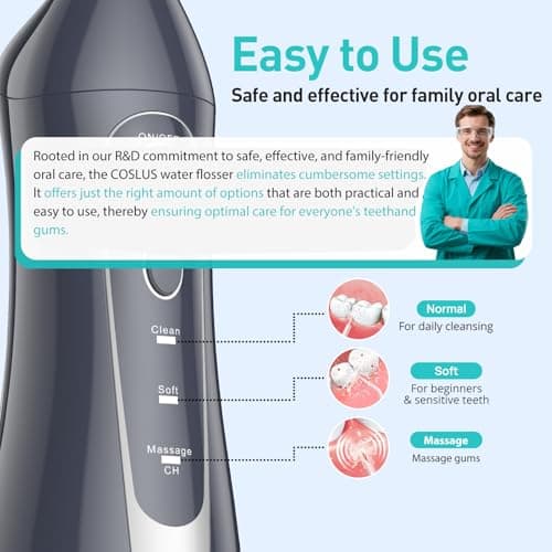 COSLUS Water Dental Flosser Teeth Pick C20(F5020E): Portable Cordless Oral Irrigator 300ML Rechargeable Travel Irrigation Cleaner IPX7 Waterproof Electric Flossing Machine for Teeth Cleaning, Grey 5