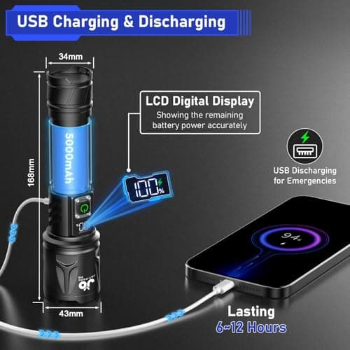 JAY-PARK High Lumen Flashlight - 100000 Lumens, Rechargeable 5000mAh with LCD Display, Zoomable Long Beam (3000m), IP67 Waterproof, 5 Modes & Belt Clip - for Camping, Dog Walking 5