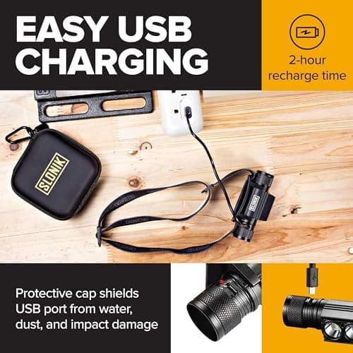 SLONIK Headlamp Rechargeable - 1000 Lumen LED USB Rechargeable Headlight - IPX4 Waterproof Head Lamp with Bright 60 ft Flashlight Beam - Hiking & Outdoor Camping Gear, Black - LED Headlamp 8