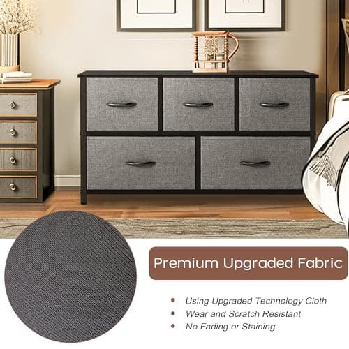 AZL1 Life Concept Extra Wide Dresser Storage Tower with Sturdy Steel Frame, 5 Drawers of Easy-Pull Fabric Bins, Organizer Unit for Bedroom, Hallway, Entryway, 11.4"D x 39.4"W x 21.6"H, Dark Grey 7