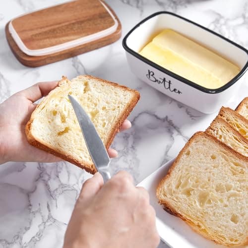 Butter Dish with Lid, ALELION Large Ceramic Butter Dish for Countertop, Butter Keeper with Thick Acacia Wood Lid, Kitchen Decor and Accessories for Kitchen Gifts, White 6