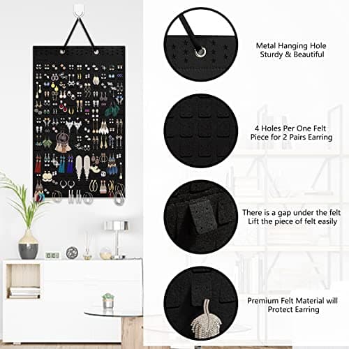 AinsListy Earring Organizer Hanging Earring Holder, Holds Up To 330 Pairs, Soft Felt Wall Mount Earring Display Holder Stud Earrings Organizer for Women Girls - 1 Pack (Include Metal Hook and Rope) 5