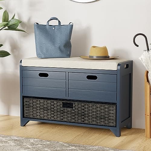 LOVMOR 32" Storage Bench with Removable Basket and 2 Drawers, Navy Wooden Entryway Bench with 250 lbs Weight Capacity