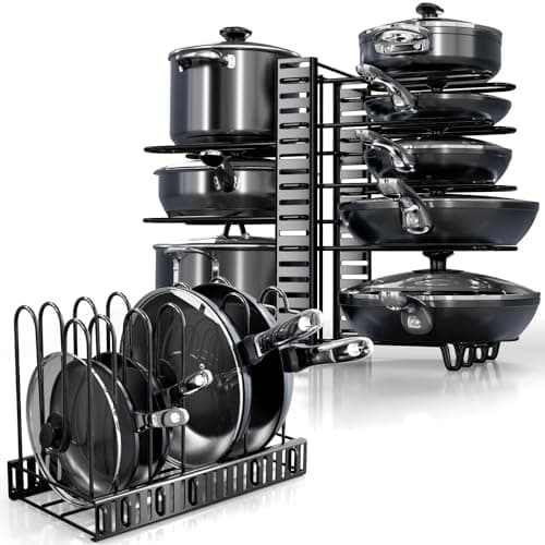 Pots and Pans Organizer Under Cabinet - 8-Tier Adjustable Pan Organizer Rack for Cabinet - Heavy-Duty Pot & Pan Organizer - Perfect to Store Pots, Pans, Lids - Easy Kitchen Organization and Storage