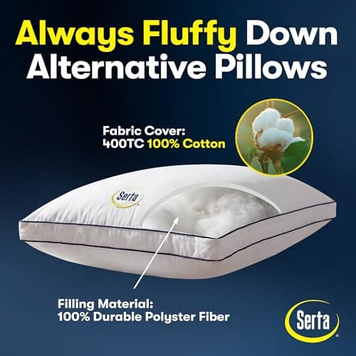 Serta Hotel Collection Bed Pillows Queen/Standard Size Set of 2, 400 Thread Count 100% Cotton Cover, Medium Firm, Support Gusseted Down Alternative Pillow for Back, Stomach or Side Sleepers, 18" x 26" 7