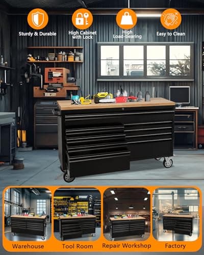61-Inch Heavy-Duty Rolling Tool Chest & Mobile Workbench with 9 Drawers, Rubber Wood Tabletop, Key Locking System and Drawer Liners, Steel Storage Cabinet for Garage, Workshop, Warehouse Repair 6