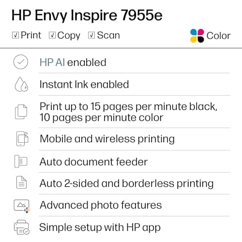 HP Envy Inspire 7955e Wireless Color Inkjet Printer, Print, scan, copy, Easy setup, Mobile printing, Best-for-home, 3 month Instant Ink trial included, AI-enabled (1W2Y8A) 2