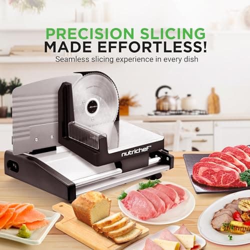 Nutrichef Electric Meat Slicer | 200W Automatic Meat, Deli & Bread Slicer | Adjustable Dial for 0-15mm Cutting Range Thickness | Removable 7.5 IN Stainless Steel Blade & Food Pusher for Safety (Black) 7