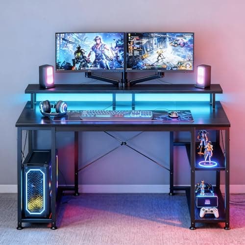 ODK 48 inch Gaming Desk with LED Lights & Power Outlets, Computer Desk with Monitor Stand & Storage Shelves, CPU Stand, Home Office Desk, Black 8