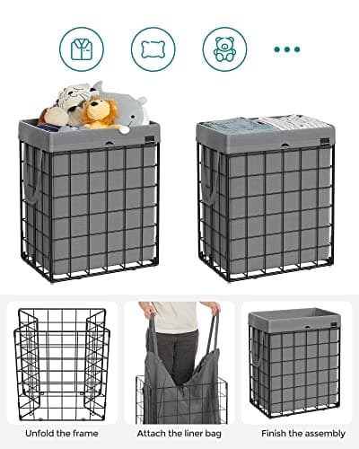 SONGMICS Laundry Hamper, 23.8 Gal. (90L) Laundry Basket, Collapsible Clothes Hamper, Removable and Washable Liner, Metal Wire Frame, for Bedroom Bathroom, Black and Gray ULCB190G01 7