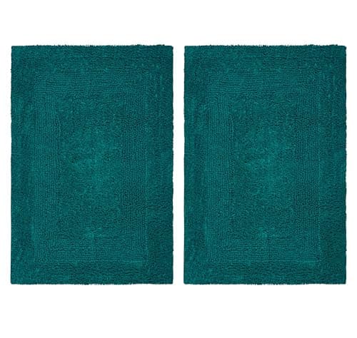 COTTON CRAFT Luxurious Bath Mat Rug - Set of 2 Reversible Heavyweight Step Out Bath Mats for Bathroom Floor, Tub and Shower - Pure Cotton Soft Plush Absorbent Tufted Racetrack Mat - 17 x 24 in - Teal