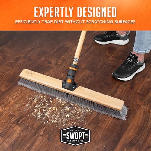 SWOPT 24” Premium Smooth Surface Push Broom + 60" EVA Foam Comfort Grip Wooden Handle, Combo — Cleaning Head with Interchangeable Long Handle, Works with All SWOPT Cleaning Products — Push Broom Set 7