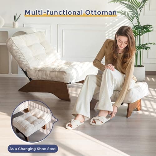 MAXYOYO Accent Chair with Ottoman Adjustable Backrest, Tufted Living Room Chair Upholstered Lounge Chair with Footrest Set, Modern Chair Cozy Reclining Chair for Reading Room, Beige 7