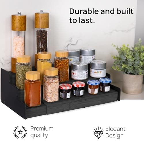 Ibyx Premium 3-Tier Spice Rack Organizer for Cabinet - Expandable Bamboo Spice Storage - Non-Skid Countertop Step Spice Shelf - Great for Kitchen Cabinet, Countertop, Cupboard, Pantry (Black) 5