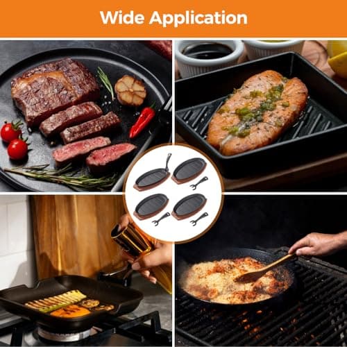 Toyosport 4 Sets Cast Iron Skillet with Wooden Tray, Fajita Skillet with Removable Handle, Oval Sizzling Plate for BBQ, Oven, Stove, Serving Dish for Restaurant, Kitchen, Party Use 6
