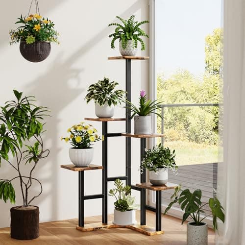 Yzosvki Corner Plant Stand Indoor, 6 Tiered Corner Plant Shelf Flower Stand for Multiple Plants, Plant Shelves Organizer Rack for Living Room, Balcony, Patio, Garden, Square Rustic Brown 8