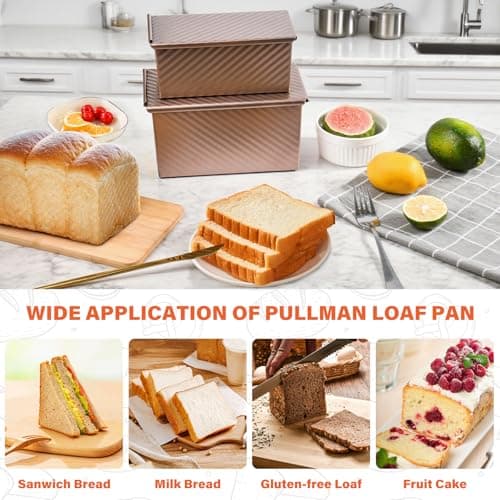 CFGUK 2 Pack Pullman Loaf Pan with Lid, 1 lb/0.5 lb Dough Capacity for Homemade Bread, Non-stick Corrugated Carbon Steel Bread Toast Box with Cover for Bakeware, Sandwich & Toast Oven Baking, Gold 7