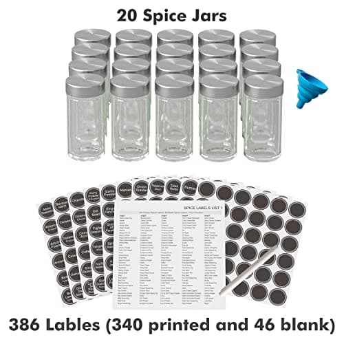 Revolving Spice Rack Set with 20 Spice Jars, Kitchen Spice Tower Organizer for Countertop or Cabinet -- Carousel Storage Includes 386 Spice Labels -- Desktop Rotating Seasoning Organizer 5