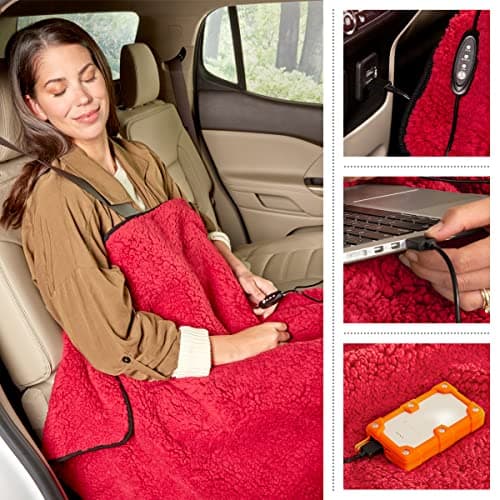 Heated Blanket 2-Pack - USB-Powered Sherpa Throw Blankets for Travel, Home, Office, or Camping - Winter Car Accessories by Stalwart (Red Wine) 7