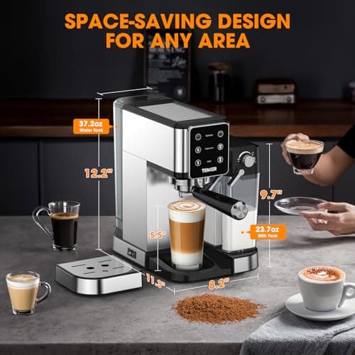 TENKER Espresso Machine, 20 Bar Cappuccino Machine with Automatic Milk Frother, 3-in-1 Coffee Machine, 1350W Dual Boiler Latte Maker, Touchscreen Espresso Coffee Maker, Stainless Steel 6