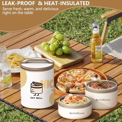 BentoBloom Bento Box Adult — Round Stackable Lunch Box for Women (450ml & 600ml) with Insulated Carry Bag | 304 Stainless Steel Removable Inserts | Microwave & Dishwasher Safe, White 5