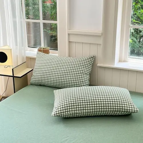 LifeTB Green Gingham Pillowcases Set Farmhouse Standard Size Pillow Shams Buffalo Green Plaid Pillowcases Set of 2, Grid Checkered Gingham Washed Cotton Pillow Covers with Envelope Closure, 20"×26"