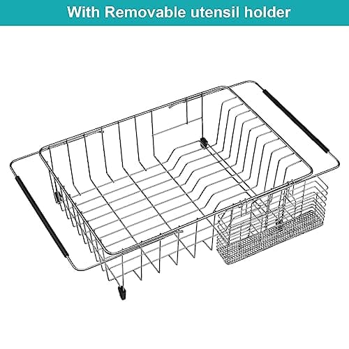 iPEGTOP Expandable Dish Drying Rack Over Sink, Rustproof Stainless Steel Dish Drying Rack Basket Shelf, Multifunctional Dish Drainer Organizer with Utensil Cutlery Holder 8