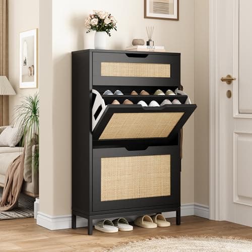 Jocoevol Rattan Shoe Cabinet Storage with 2 Flip Drawers & 1 Top Drawer, Freestanding Narrow Wood Shoe Cabinet with Metal Legs for Entryway Hallway, Light Black
