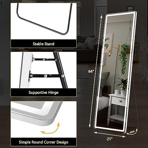 Sweetcrispy Full Length Mirror with LED Lights, 61"x17" Lighted Floor Mirror with Dimming & 3 Color Lighting, Stand for Bedroom, Dressing Room 7