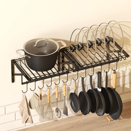 Hongtamoy 2 Packs Wall Mounted Pot Lid Rack Organizer, Hanging Pot and Pan Lid Organizer for Kitchen with 12 Upgrade Hooks, Pot Lid Holder for Cookware,Pans,Utensils Organization, Black 7