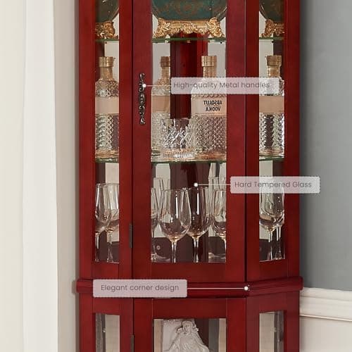CKEASEAN Corner Curio Cabinet with Light Bulb, Tempered Glass Doors, Floor Standing Glass Display Cage with 6 Tempered Glass Shelves, Wine Cabinet Storage Rack for Bar and Liquor Storage (Cherry) 7