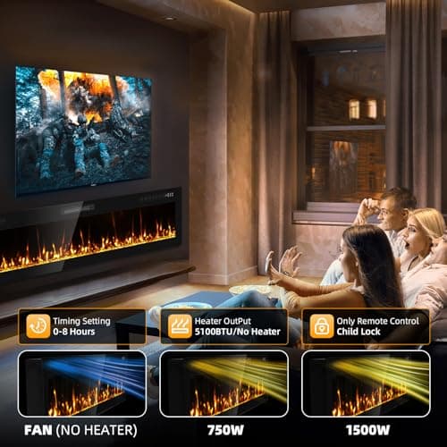Eueiriup 2025Upgraded 72” Recessed and Wall Mounted Electric Fireplace, Ultra Thin Narrow Beleze Fire Places with Remote Control, Screen Control,Adjustable Flame Colors and Speed 7