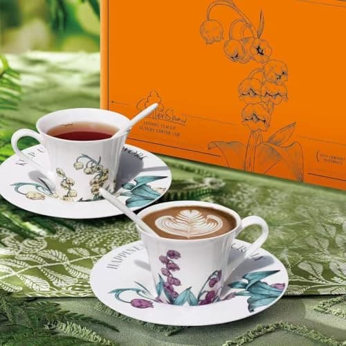 Tea Cup Set With 2 Tea Cups 2 Saucers And 2 Spoon 7 OZ Espresso Coffee Mug Vintage Creativetea Teacup And Saucer Set For Coffee,Tea,Latte, Cappuccino 8