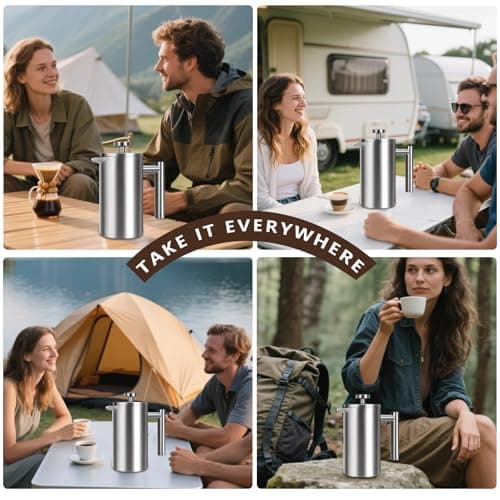 French Press 34 oz, Full Stainless Steel French Press Coffee Maker 4 Cups, Upgrated Double-Walled Insulated French Coffee Presses, Food Grade Good for Kitchen Camping, Dishwasher Safe 2 More Filters 7