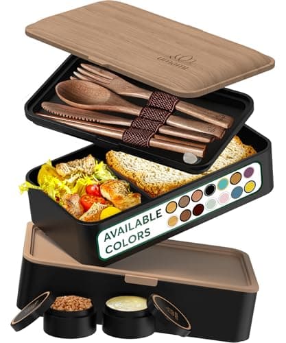 Umami Bento Lunch Box for Adults with Utensils & Sauce Jars, Leakproof, Microwave Safe, Easy to Clean - Black & Walnut