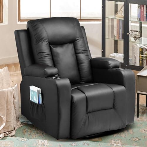 COMHOMA Swivel Rocker Recliner, PU Recliner Chair with Side Pockets, Massage Chair Recliner with Cup Holders, Reclining Chair Sofa Seat for Living Room, Bedroom (Black)