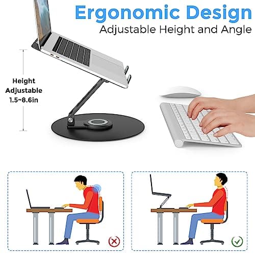Swivel Laptop Stand for Desk, Adjustable Height Aluminum Computer Stand with 360 Rotating Base, Foldable Ergonomic Riser, Portable Laptop Holder Compatible with MacBook, All Laptops 10-17'', Black 6