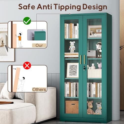 UNICOLY Lockable Display Cabinet with Glass Doors, Curio Cabinets with 4 Adjustable Shelves, Liquor Bookcase Bookshelf with Doors, Metal Storage Cabinet for Living Room Pantry, Green 5
