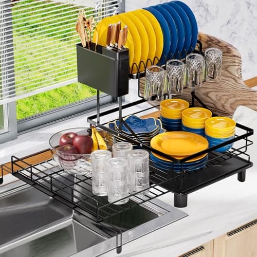 YEYPOP 2 Tier Dish Drying Rack - Expandable Dish Rack Over Sink, 304 Stainless Steel Dish Rack for Kitchen Counter, Dish Drainer w Utensil Holder, Drainboard & Cups Holder, Anti-Rust & Space Saving