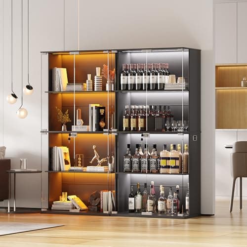 Lvifur Display Cabinet with Glass Doors, 66" Curio Cabinet with Lockable, 4-Tier Bookcase with 3 Color Lights for Collectibles, Storage Cabinets with Human Body for Books, Toys, Black 9