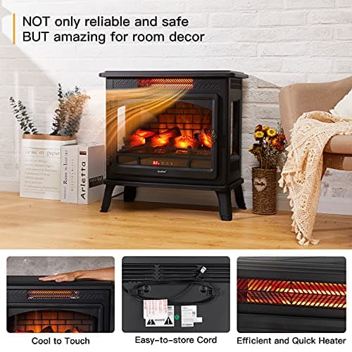 Electric Fireplace Infrared Heater 3D Freestanding Fireplace Stove Heater with Remote Control, Timer, Adjustable Flame Effect, Upgraded Safety Protection 24" 7