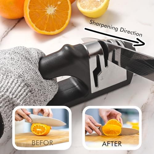 HOTEC 4in1 Knife Sharpener, 3 Stage Manual Sharpener for Sharpening Kitchen Knives 1 Stage for Scissors- Ceramic Stone, Tungsten Carbide Plates, Diamond rods 5