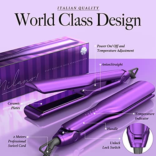 Laurenza 2-in-1 Hair Straightener & Curler, 2 Inch Plate, 8.5" Extra-Large Ceramic Iron with 20M Anions (Purple) 8
