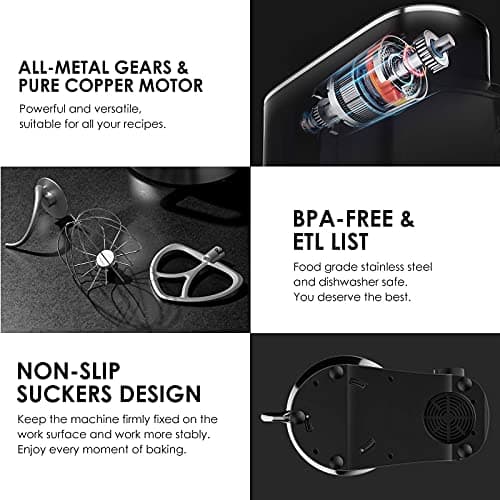 COOKLEE Stand Mixer, 9.5 Qt. 660W 10-Speed Electric Kitchen Mixer with Dishwasher-Safe Dough Hooks, Flat Beaters, Wire Whip & Pouring Shield Attachments for Most Home Cooks, SM-1551, Silver 7