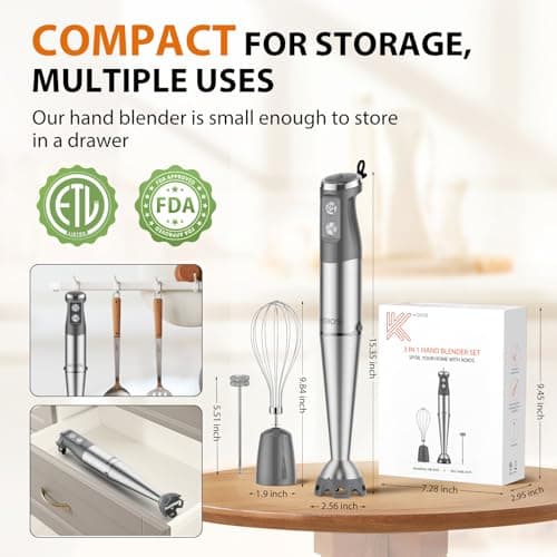 KOIOS Immersion Blender, 1000W Anti-scratch 3-in-1 Hand Blender, Upgraded 12 Speed Stainless Steel Blade Stick Blenders with Turbo Mode, Whisk and Milk Frother, Non-BPA 8
