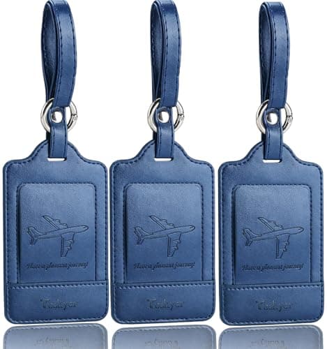 3 Pack Luggage Tags - Quick Install, Privacy Protection, Airplane Travel Essentials for Suitcases, Durable Leather - Blue