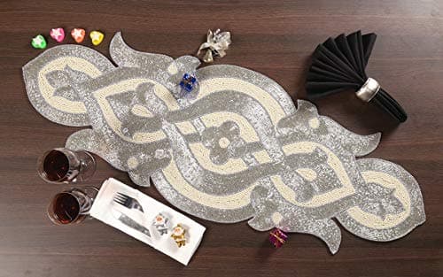 Lightnpro Beaded Table Runner Elegant Infinity Design - Handmade Glitz Table Décor for Weddings, Parties, Holidays, Gifting & Everyday Use - Decorative Centerpiece Accent - 13x36 Inch - Silver Ivory