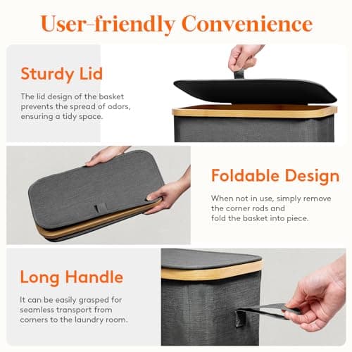 Lifewit 65L Slim Laundry Hamper with Lid, Narrow Laundry Basket with Removable Bag & Bamboo Handles, Fodable Thin Dirty Clothes Hamper for Laundry Collapsible Bin for Bathroom Bedroom Dorm, Dark Gray 5