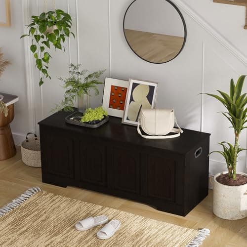 DINZI LVJ Storage Chest, 47.2”Wooden Storage Box with 2 Safety Hinges, Entryway Shoe Bench with Flip-Top, Large Trunk for Living Room, Bedroom, Easy Assembly, Espresso 7