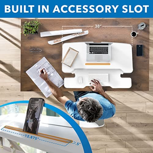 Mount-It! Standing Desk Converter White 38” Wide Height Adjustable Stand Up Desk Riser, Desk Topper with Gas Spring, Desktop Standing Desk with Keyboard Tray Fits Two Monitors 4